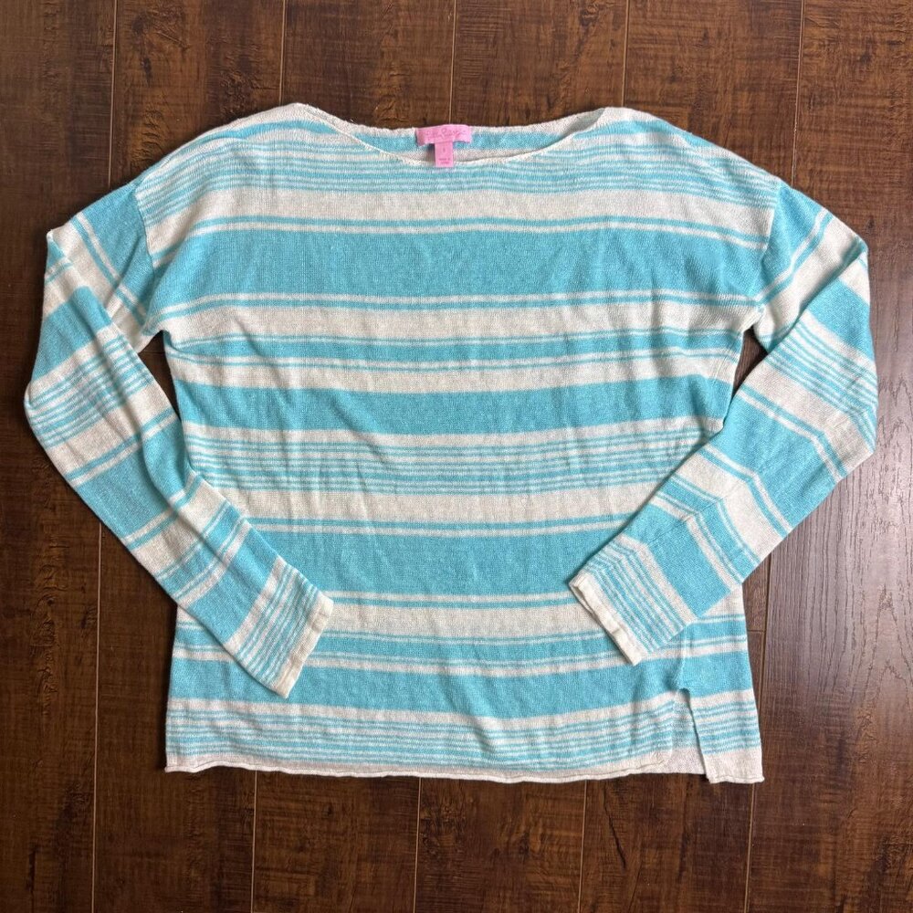 LILLY PULITZER 100% Linen Sweater Blue And White Striped Lightweight Women's S